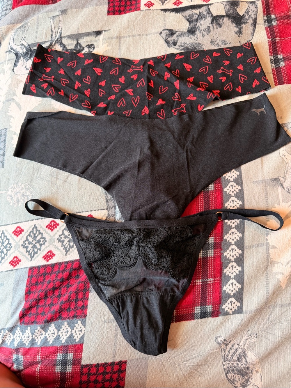 PINK Victoria's Secret Black Thong & Bikini Panty Set with Red Heart Waistband